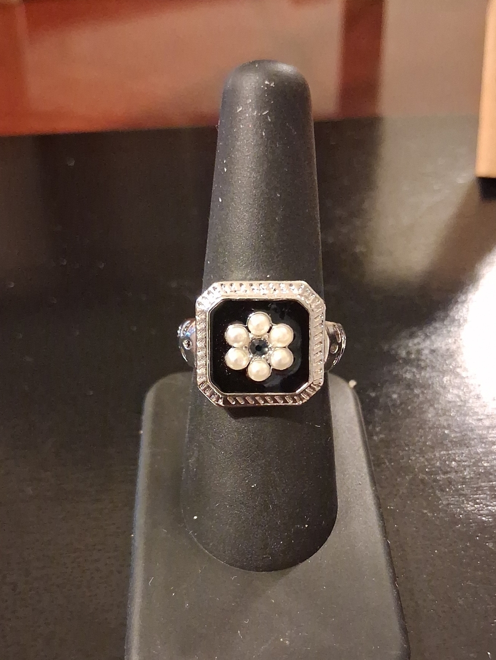 Silver Seed Pearl Ring Adgustable Floral Filigree, Black Enamel New